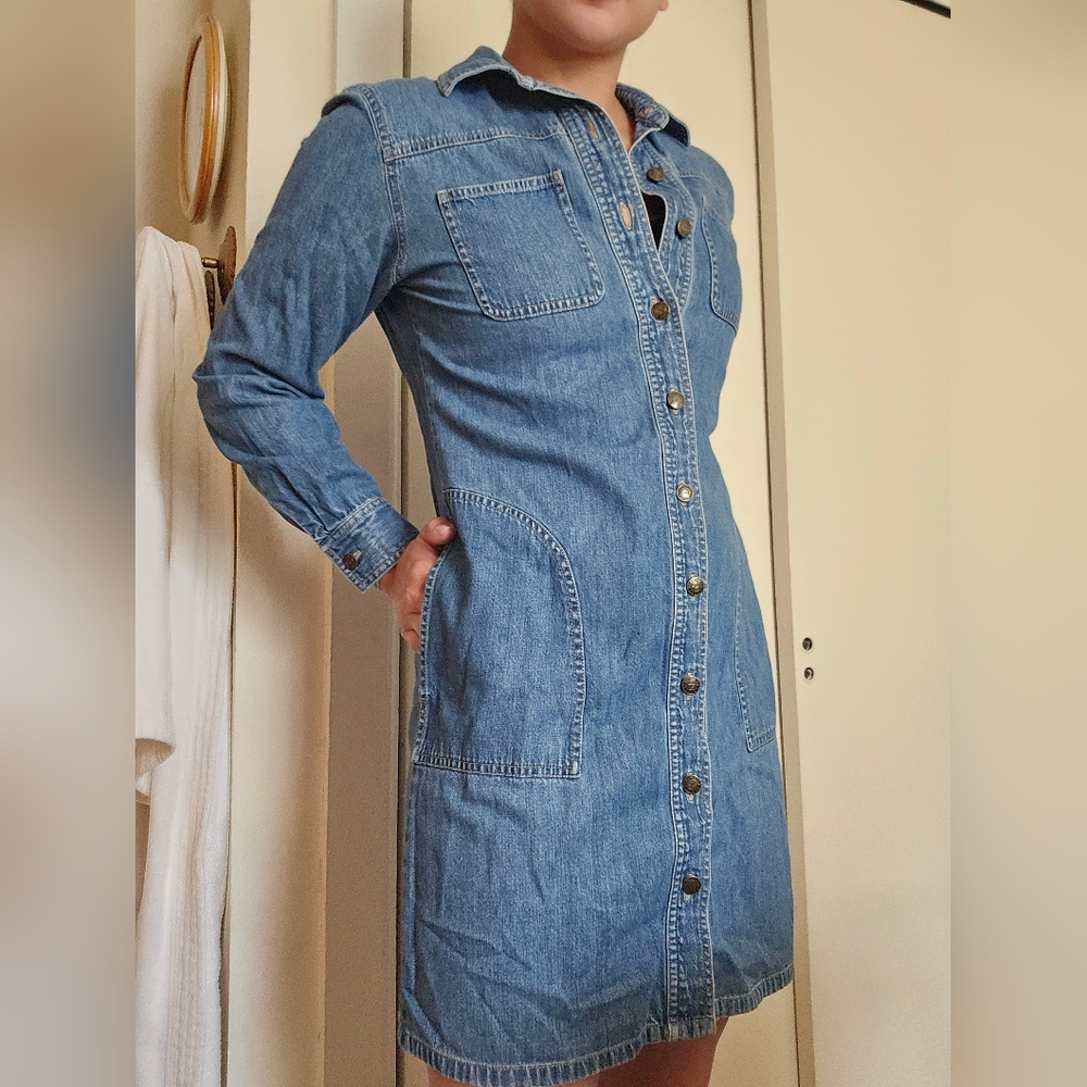 Vintage Talbots Womens Denim Button Down Dress Blue Long Sleeve
